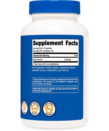 Nutricost Beta-Alanine Capsules 3400mg - Potent 30 Servings - Gluten Free & Non-GMO - 120 Count - Buy Online on GoSupps.com