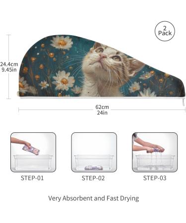 Cat Daisy Starry Sky Hair Towel 2 Pack - Super Absorbent Quick Dry Hair Turbans for Women & Girls - Buy Online on GoSupps.com