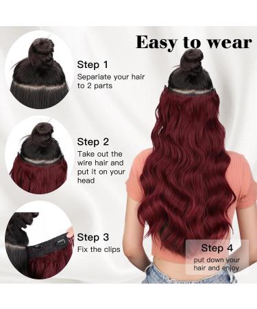 PORSMEER Burgundy Invisible Hair Extensions with Transparent Wire Adjustable Size 4 Secure Clips 20 inch Long Wavy Secret One Piece Hair Pieces for Women dark red Wine red - Buy Online on GoSupps.com