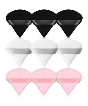 Pimoys 9 Pieces Triangle Powder Puff Face Makeup Puff, Soft Velour Makeup Sponge Cosmetic Foundation Sponge for Loose Powder Body Powder Beauty Wet Dry Makeup Tool(Black, Pink, White)