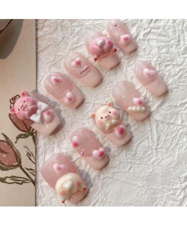 New Wearing Nail Cute Pig Nail Whitening Detachable and Durable Nail Patch Short Style 10pcs (Size : S)
