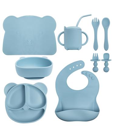 Baby Eats Baby Weaning Set BPA-FREE| Baby Feeding Set | Suction Plate + Bowl | Sippy Cup | Adjustable Bib | Placemat | Weaning Fork + Spoon | Kids Fork + Spoon | Silicone Baby Feeding Set 9 PCS(Blue)