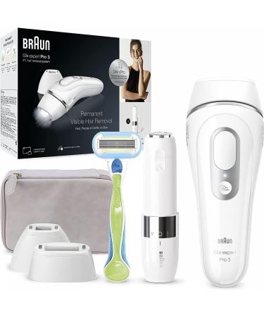 Braun Ipl Silk Expert Pro 3 hair removal device women 2 attachments visible hair removal designed in Germany face hair remover alternative to laser hair removal PL3139 white/silver