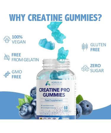 Aoruilia Creatine Gummies 5000mg - Sugar-Free Pre-Workout Supplement with Creatine Monohydrate for Muscle Strength & Growth - Blueberry Flavor - Vegan-Friendly - 60 Chewable Gummies - Buy Online on GoSupps.com
