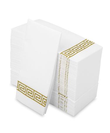 Decorative Hand Towels, Gold design 100 Disposable Linen-Feel Guest Towels  Formal Dinner, Anniversary, Wedding Napkins for Tables, Guestrooms, Restrooms, 8.5x4-Inches Folded, Gold 100 Pack Gold Pack of 100