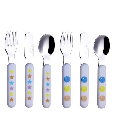 EXZACT Kids Cutlery 6pcs Stainless Steel 18/10 Children's Cutlery Set - incl. 2 x Forks 2 Safety Knives 2 x Dinner Spoons - Plastic Handle Toddler Utensils BPA Free Flatware - Stars & Dots 2 Forks + 2 Knives + 2 Spoons