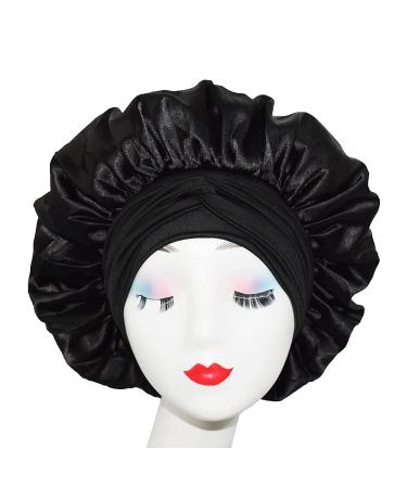 Queen Black Silk Bonnet - Satin Hair Bonnet for Sleeping - Stretchy Tie Band - Medium Size - Buy Online on GoSupps.com