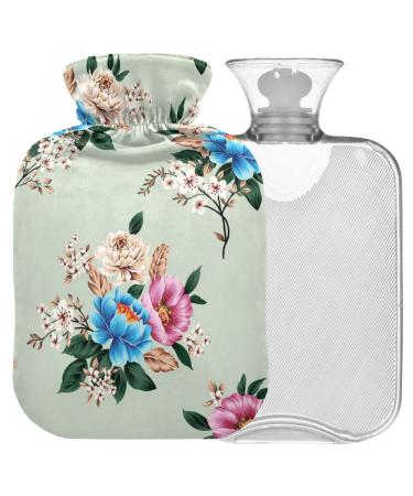 NAANLE hot water bottle with cover blue pink flowers Transparent hot water bottle heat bottle for back pain relief handfoot warmer neck heat and cold therapy 1l