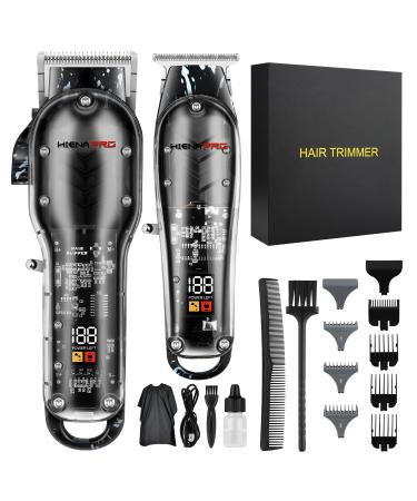 Hiena Pro Hair Clippers Men + T Liners Hair Trimmer Set Barber Cordless Professional Clippers for Hair Cutting with Led Display Gifts for Men Black