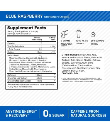 ON Essential Amino Energy | Amino Acid & Energy Formula | 5 Grams of Amino Acids 100 mg of Naturally Sourced Caffeine 5 Calories Sugar Free | 30 Servings (Blue Raspberry) Blue Raspberry 30 Servings (Pack of 1) - Buy Online on GoSupps.com