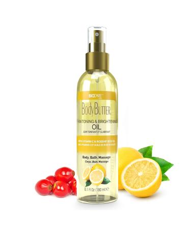 Biocare Skin Toning & Brightening Oil - Infused with Vitamin C Rosehip Seed Oil Vitamin E - Nourishing and Non-Greasy Body Oil for Hydrated Radiant Even Skin Texture and Complexion - 6 Oz