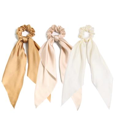 3PCS Hair Scarf Scruncheis for Women Knotted Bow Hair Ties Elastic Bands Satin Hair Ribbon Scrunchy Red Ponytail Holder for Women and Girls (Camel Apricot Ivory)