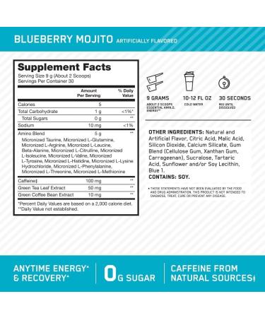 ON Essential Amino Energy | Amino Acid & Energy Formula | 5 Grams of Amino Acids 100 mg of Naturally Sourced Caffeine 5 Calories Sugar Free | 30 Servings (Blueberry Mojito) Blueberry-Mojito 30 Servings (Pack of 1) - Buy Online on GoSupps.com