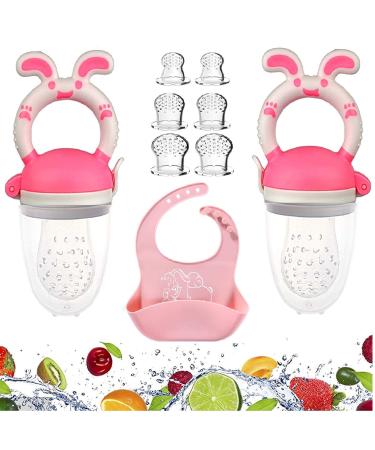 BME Baby Food Feeder  Fresh Food - 2 Pack Fruit Feeder Pacifier  6 Different Sized Silicone Pacifiers | 1 Pack Baby Silicone Bib | Baby Feeding Set (Pink)