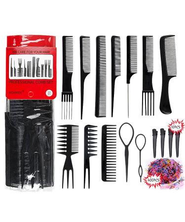 10PCS Comb Sets for Hair Styling Hair Combs and Clips with 2PCS Topsy Tail Hair Tool and 400PCS Elastic Rubber Hair Bands Combs for Women Black