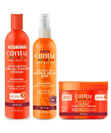 Cantu Moisturizing Curl Activator Cream 355 ml Cocount Oil Shine & Hold Mist 237 ml with Coconut Curling Cream 340 g TRIO BUNDLE