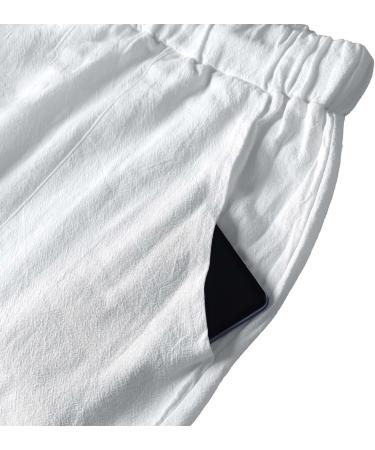 Men's Casual Linen Pants - Elastic Waist Drawstring Cotton Trousers | White XL - Buy Online on GoSupps.com
