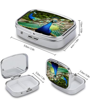 Beautiful Peacock Print Pill Box - 2 Compartment Portable Metal Organizer for Medicine | Stylish Pill Case for Pocket or Purse - Buy Online on GoSupps.com