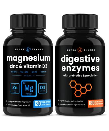 NutraChamps Magnesium Zinc & Vitamin D3 Capsules and Digestive Enzymes Capsules 2 Pack Bundle