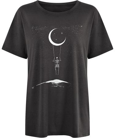 Vintage Skull Print Graphic Tee - Women's Sun and Moon Short Sleeve Top - Dark Gray Loose Blouse - Buy Online on GoSupps.com