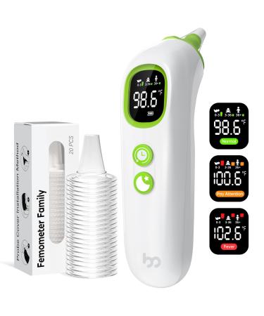 Ear Thermometer for Babies Kids and Adults High Accuracy Baby Thermometer with 32 Memory Recall LED Backlit Mute and Night Light 21 Disposable Probe Covers Storage Box (White)