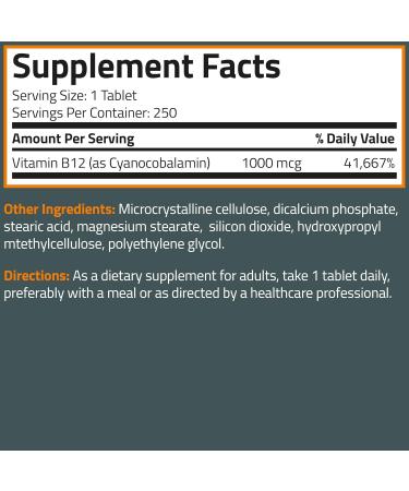 Bronson Vitamin B12 1000mcg Once Daily Formula Non-GMO, 250 Vegetarian Tablets - Buy Online on GoSupps.com