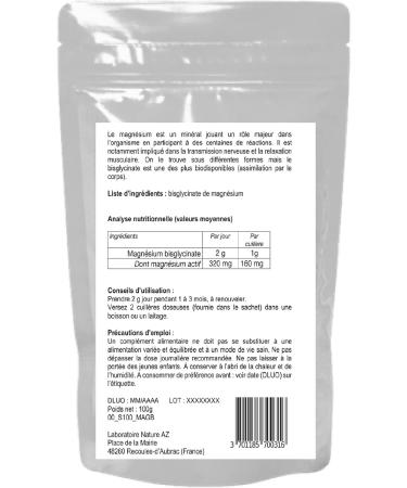 MAGNESIUM BISGLYCINATE | Pure | 100g Powder Sachet | Maximum Absorption | Bioavailable | Muscle Relaxation | Fatigue Sleep and Stress | Made in Occitania | Nature AZ - Buy Online on GoSupps.com