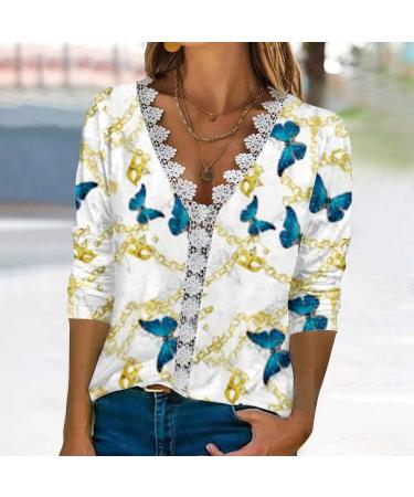 3/4 Length Sleeve Womens Tops Dressy Women's V Neck Lace Crochet Tunic Tops Flowy Casual Blouses Shirts for Fall Yellow#73 Medium - Buy Online on GoSupps.com
