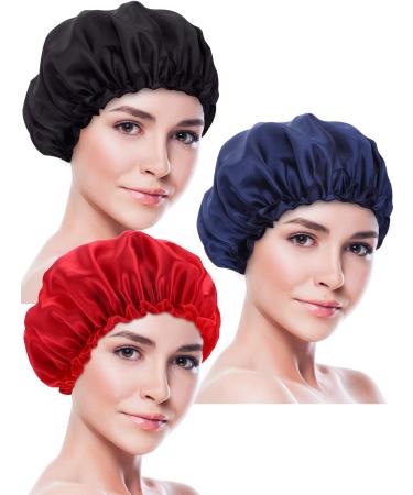 Blulu 3 Pieces Sleep Cap Satin Bonnet Night Head Cover Sleeping Soft Hair Turbans for Women and Girls (Black red navy)