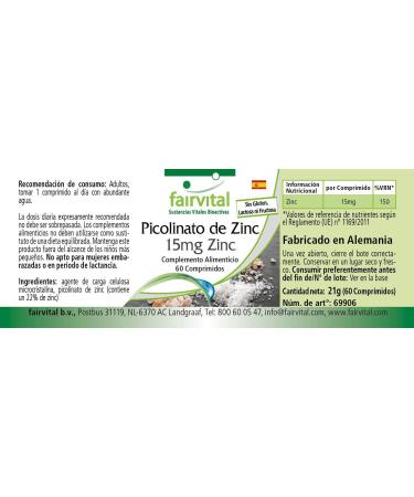 Fairvital | Zinc Picolinate with 15mg Zinc - Important for taste and smell - 60 tablets - 1 Box for 2 months! - Buy Online on GoSupps.com