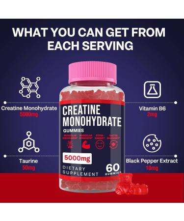 Buy Creatine Monohydrate Gummies - 5g Chewable Supplement for Strength Growth & Energy | Taurine & B6 | Low Sugar Organic | 2 Pack 60 Count - Buy Online on GoSupps.com
