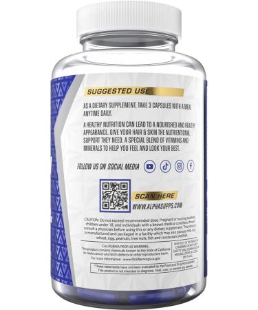 Alpha Supps Hair Skin and Nails Supplement for Women - Vibrant HSN Health and Strength with Biotin Collagen and Vitamins to Support Hair Growth Thickness and Skin Radiance - 90 Capsules - Buy Online on GoSupps.com