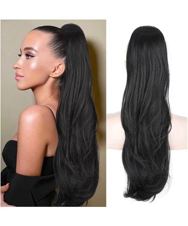 PORSMEER Ponytail Extension Drawstring Ponytail Hair Extensions Dark Black 26 Inch Long Natural Straight Wavy End Synthetic Hairpiece for Women Girls Daily Use/Party Black-1B#