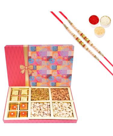 Ghasitaram Gifts Rakhi Gifts for Brothers Dryfruit - Fruit n Nut Box of 4 Dryfruits MEWA Bites and Mango Bites with 2 Pearl Rakhis Box of 4 Dryfruits MEWA Bites Mango Bites 2 Rakhis