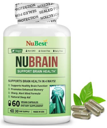 NuBrain - Advanced Brain Booster - Improve Memory, Focus, Sleep & Clarity with Vitamin B6, Ginkgo Biloba, Bacopa Monnieri & More - Brain Supplement for Men & Women - 60 Vegan Capsules (1 Pack) Pack of 1