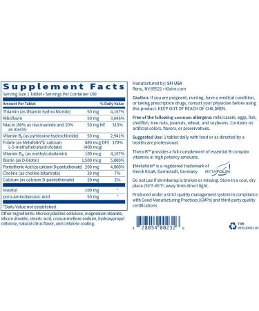 Klaire Labs Thera-B - Essential Vitamin B Complex with Activated Metafolin Folate & Methylcobalamin | 100 Tablets - Buy Online on GoSupps.com