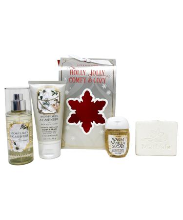 Bath & Body Works Holly Jolly Comfy & Cozy - Mini Gift Box Set - Snowflakes & Cashmere Fine Fragrance Mist Body Cream and Warm Vanilla Sugar Pocket Hand Gel With a Natural Oats Sample Soap. white