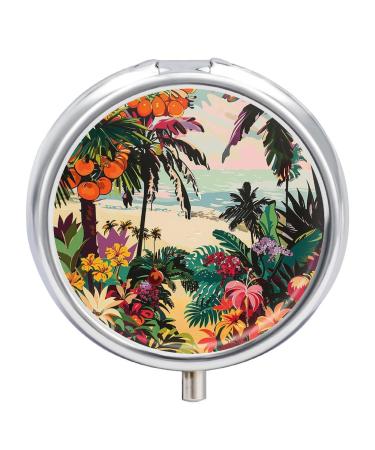 Pill Box Pill Case 3 Compartment Travel Pill Box Tropical Floral Pattern Printing Small Pill Box Portable Medicine Pill Case Pill Organizer for Purse & Pocket for Travel Handbag (Round)
