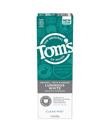 Tom's of Maine Natural Luminous White Toothpaste with Fluoride, Clean Mint, 4.7 oz. (Packaging May Vary)