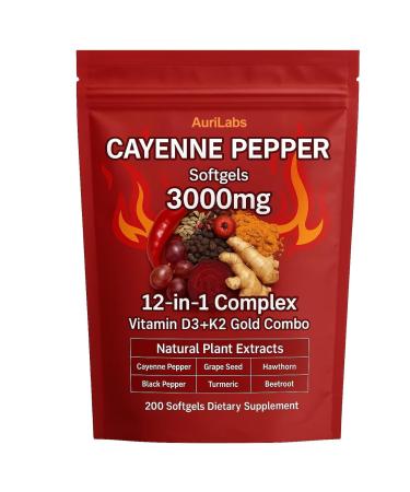 EILTEAU AuriLabs Cayenne Pepper Softgels Supplement Supports Leg Vein Heart and Blood Vessel Health with Vitamin E D3+K2 and Extracts of Grape Seed Hawthorn Beetroot and Others (1)