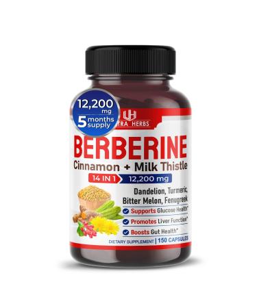 ULTRA HERBS Premium Berberine 12 200MG with Cinnamon Milk Thistle *USA Made & Test* Promotes Liver Function Gut Health Imnunity (150 Count (Pack of 1))