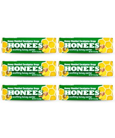 Honees Filled Menthol Cough Drops, Honey, Menthol & Eucalyptus Cough Drops- Natural Sore Throat Relief - Nothing Artificial -Throat Lozenges, Non-GMO (6 Pack 54 Drops) Eucalyptus 6 Pack-54 Drops