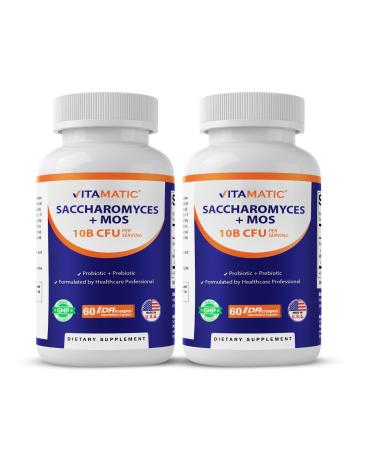 Vitamatic Saccharomyces Boulardii Probiotic 10B per Serving + Yeast Extract (MOS Yeast Fraction) 300 mg - 60 DR Capsules - Made in The USA-2 Pack