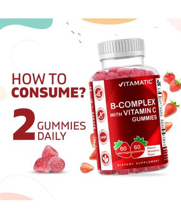 Vitamatic Vitamin B Complex Gummies with Vitamin C & Inositol - 60 Gummies - Natural Strawberry Flavor - Buy Online on GoSupps.com