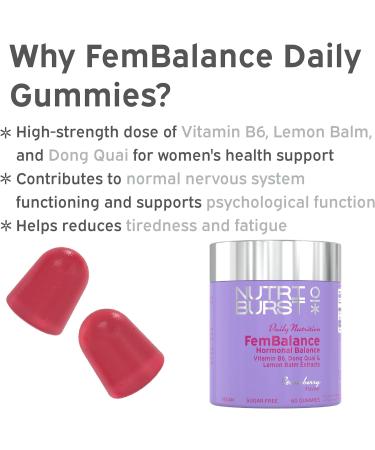 Nutriburst - FemBalance Hormone Balance for Women - Vegan Vitamin B6 Lemon Balm + Dong Quai - Regulate Hormones Support Nervous System + Reduce Tiredness - 3 x 60 Gummies / 3 Month Supply 180 Count (Pack of 1) Fembalance - Hormone Support - Buy Online on GoSupps.com