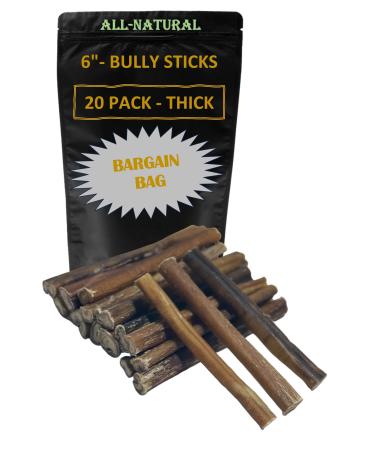 Bully Sticks - 6" Thick - 20 Pack - Bargain Bag - Long Lasting - Wholesale Prices - Premium Single Ingredient Dog Chew - All Natural - Dental Chew - Fully Digestible