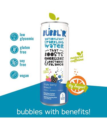 BUBBL'R Triple Berry Breez'r Antioxidant Sparkling Water | Natural Caffeine, 0g Sugar, Gluten Free | 12 Fl Oz Cans - Pack of 12 - Buy Online on GoSupps.com