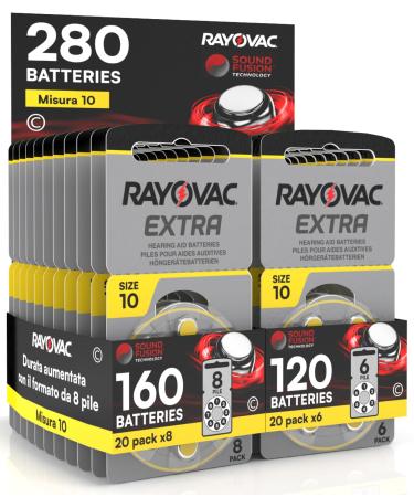 280 Rayovac Extra 10 hearing aid batteries - 20 blisters with 8 and 20 blisters with 6 batteries 280 hearing aid batteries
