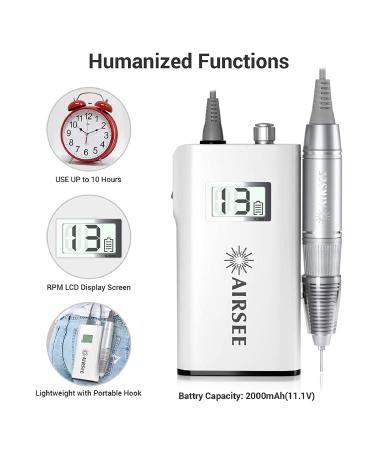 AIRSEE Rechargeable 30000RPM Electric Nail Drill Professional Portable E File Machine for Acrylic Nails Natural Extension Gel Nails Polish Cuticle, Cordless High Speed for Salon Use or Home DIY White A Ns 2036 White - Buy Online on GoSupps.com