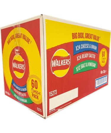Walkers Crisps Walkers Classic Box Crisps Pack Of 60 x 25g - 24 x Cheese Onion 24 x Ready Salted 12 x Salt & Vinegar 3 Different Flavours Boxed Treatz - Buy Online on GoSupps.com